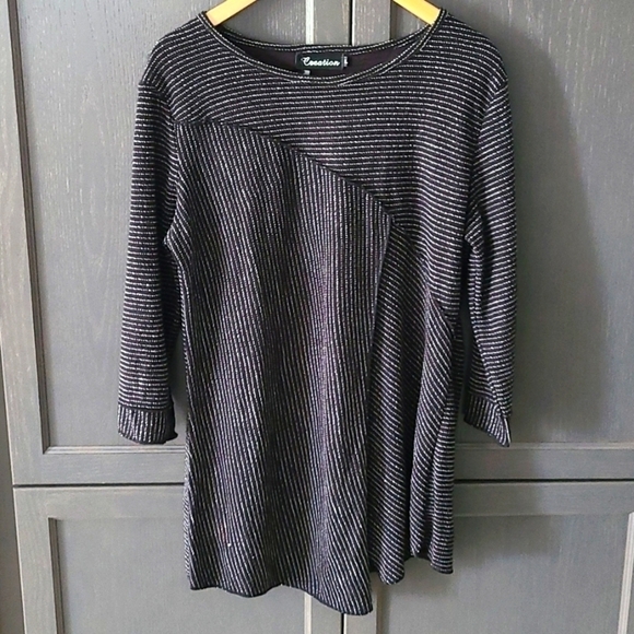 CREATION Striped Asymmetrical Hem 3/4 Sleeve Gray Tunic Top Size SM NWT - Picture 2 of 7